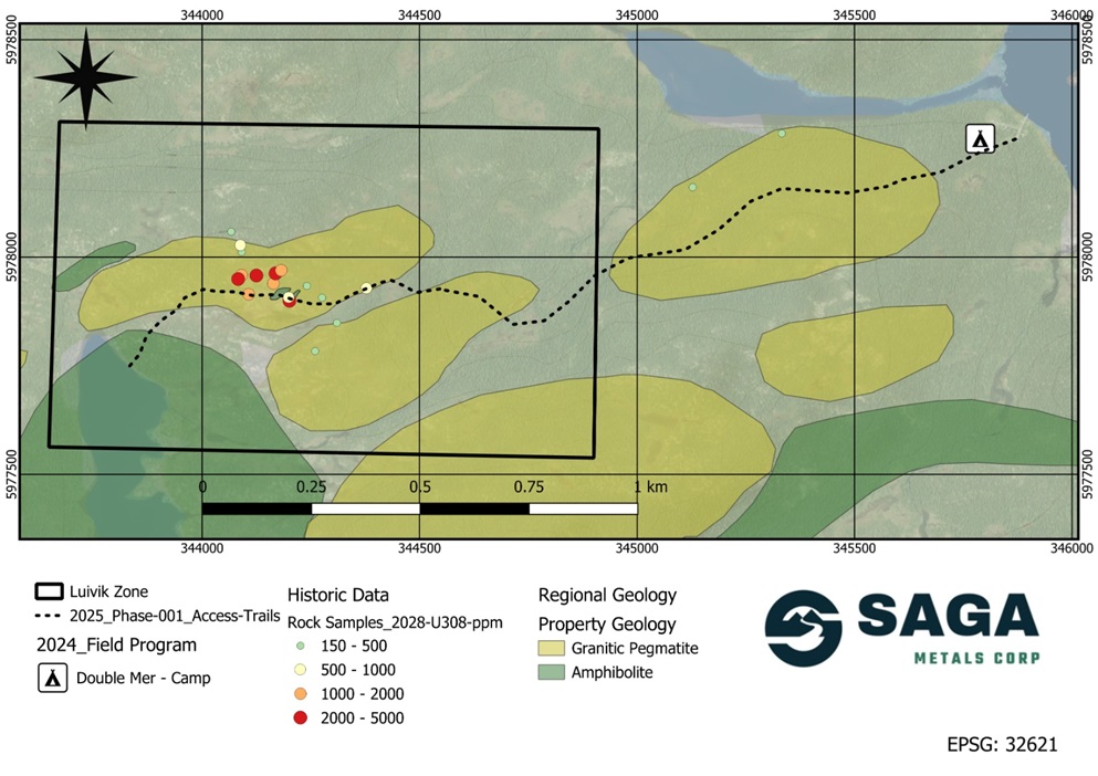 The Luivik zone in the west of the Double Mer Uranium Property. Mapped pegmatites with amphibolite mafic rocks which sit in place with much of the mineralized trends.