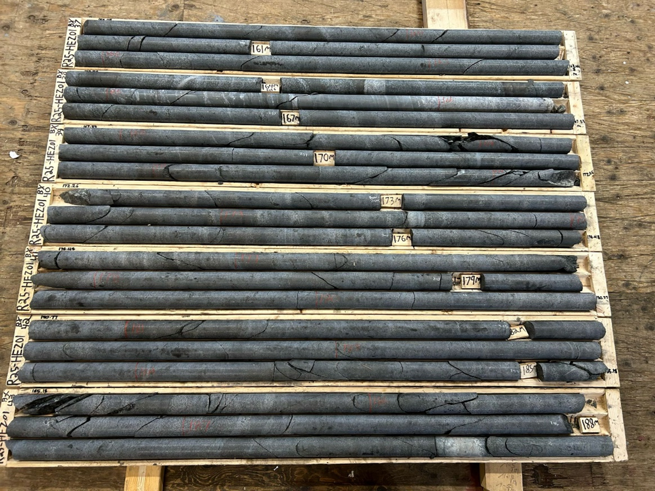 Layering sequence of magnetite ranging from 2-10 inches per band over an almost 30m run of drill hole R25-HEZ-01