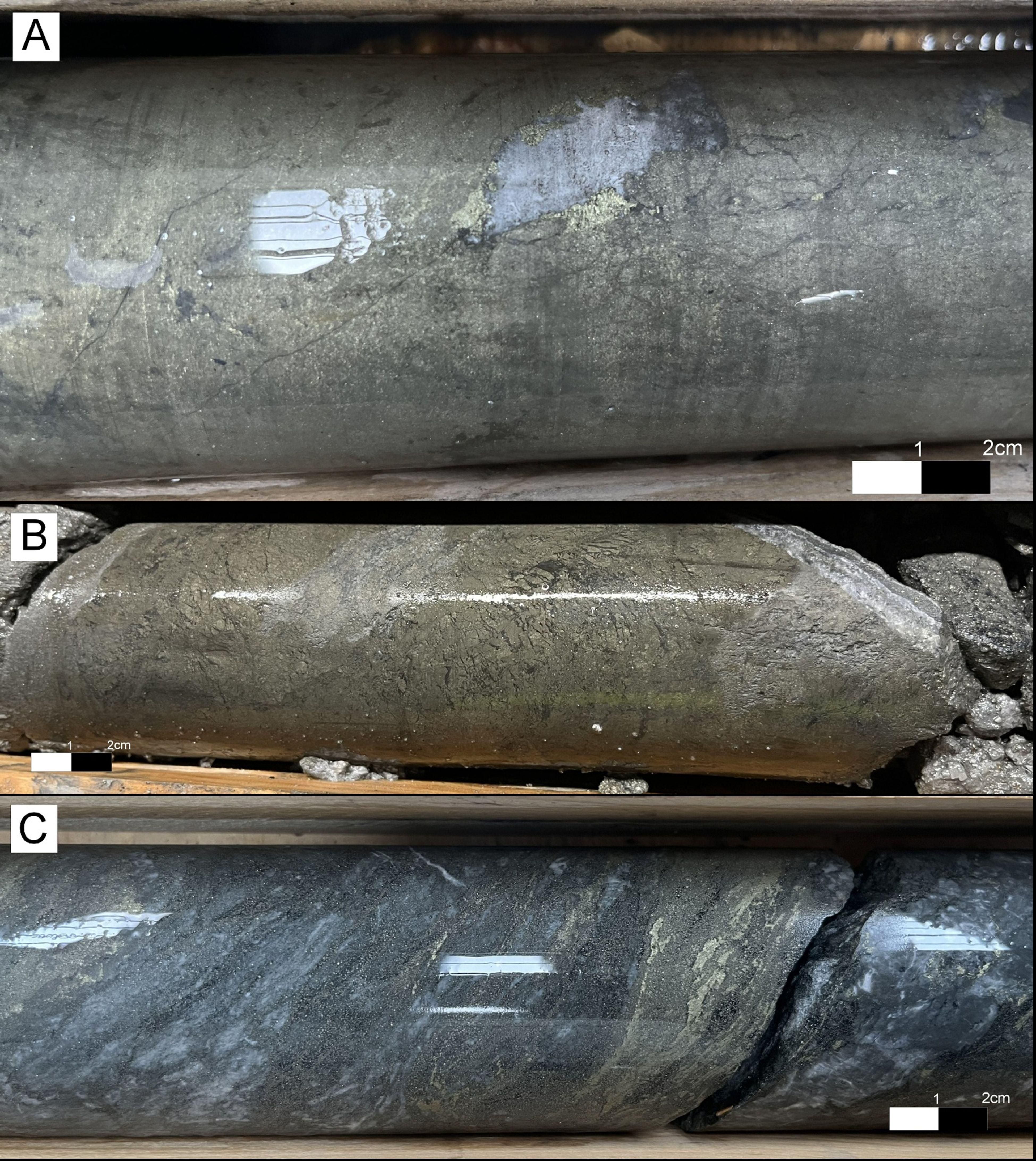 Photos of El Cura drillcore: A: EC072 fine grained chalcopyrite crystals occur in association with hydrothermal quartz veins. B: EC076 Fine grained massive sulphide with pyritic matrix and millimetric veinlets rich in sphalerite and galena, locally containing disseminated chalcopyrite along microfractures. C: EC078 Banded polymetallic sulphide with layers of sphalerite galena–chalcopyrite within a felsic tuff.