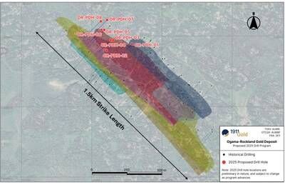 Figure 3: Plan View of Proposed 2025 Ogama-Rockland Drilling (CNW Group/1911 Gold Corporation) Figure 3: Plan View of Proposed 2025 Ogama-Rockland Drilling (CNW Group/1911 Gold Corporation)