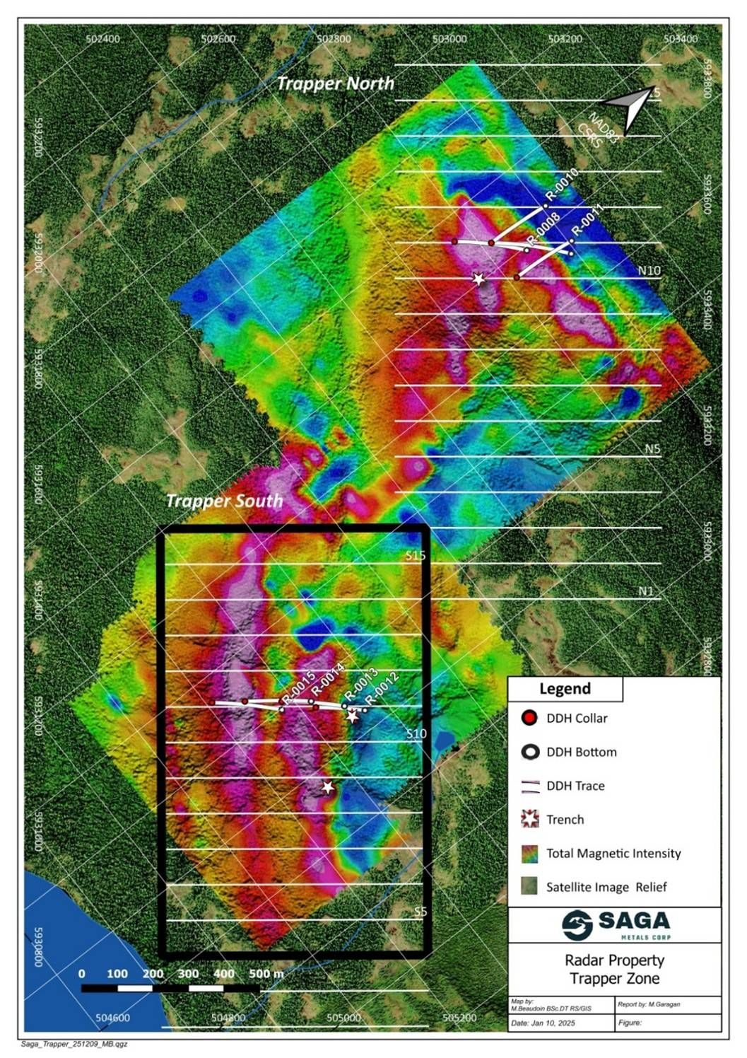Trapper Zone map outlining location of the initial 2026 focus for remainder of the MRE drill program to be completed in 2026 showing the TMI of the 2025 Trapper Zone ground magnetic survey Drilling will commence in Trapper Zone and move to Trapper North.