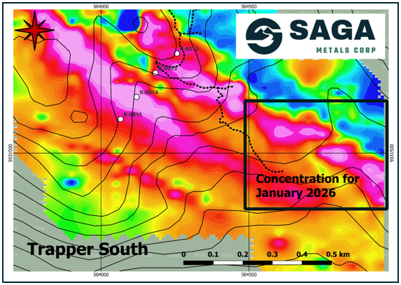 Trapper South depicting the TMI of the 2025 Trapper Zone ground magnetic survey, as well as cross-section S-11 completed in Q4 2025, and the initial area of concentration for the 2026 drill program.